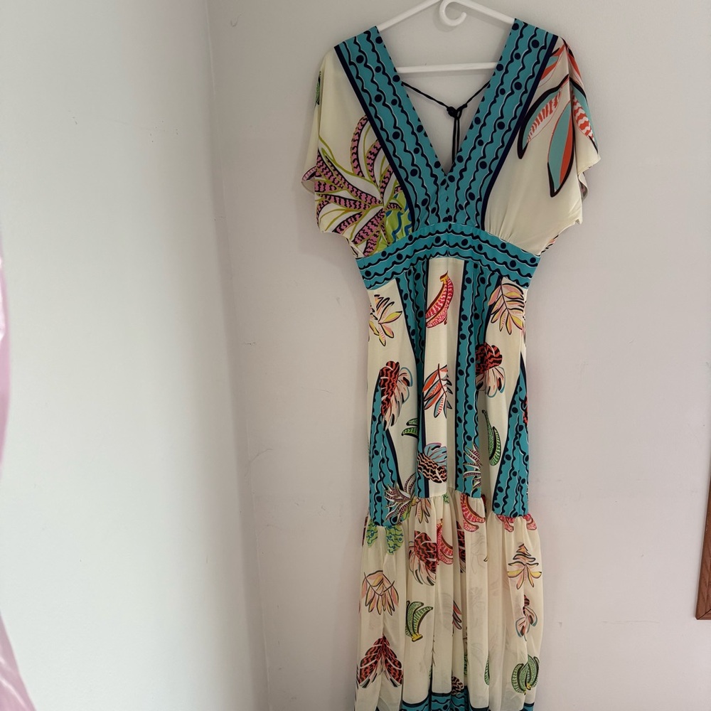 Blue and Pink Flutter Sleeve V-Neck Sundress